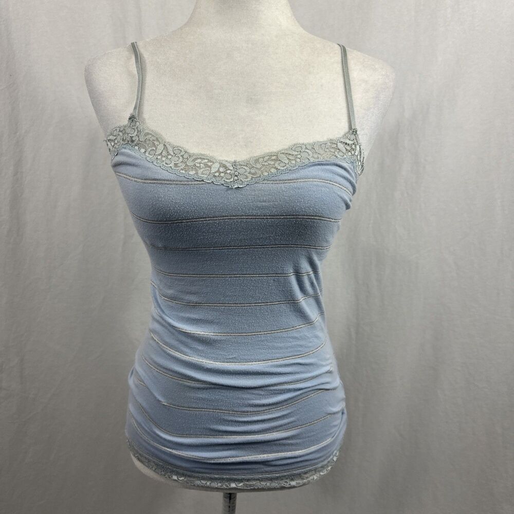 Aeropostale Y2K Baby Blue Striped Glitter Lace Trim Cami Tank Womens Sz S *FLAW*
